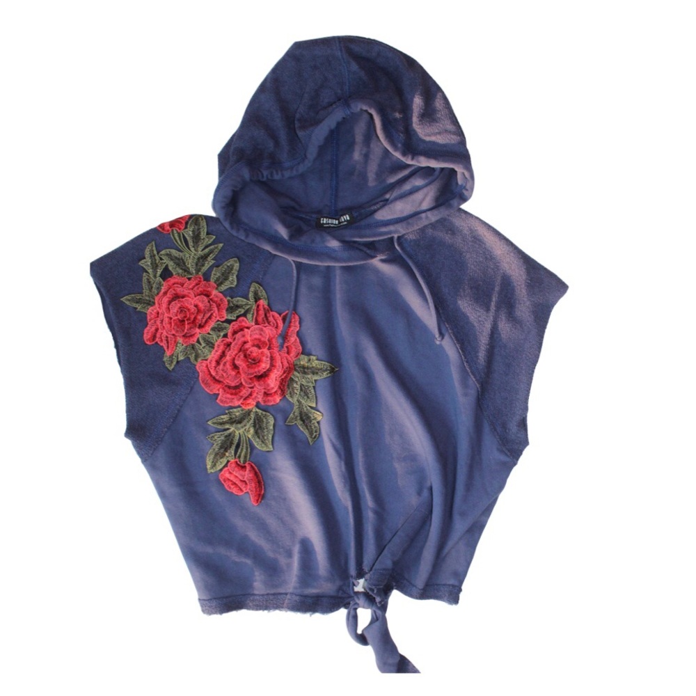 Fashion Nova SM Crop Sleeveless Embroidered Hoodie